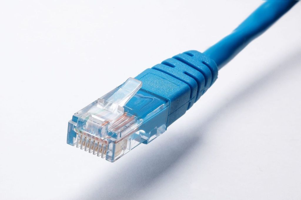 Câble réseau RJ45 bleu avec son connecteur